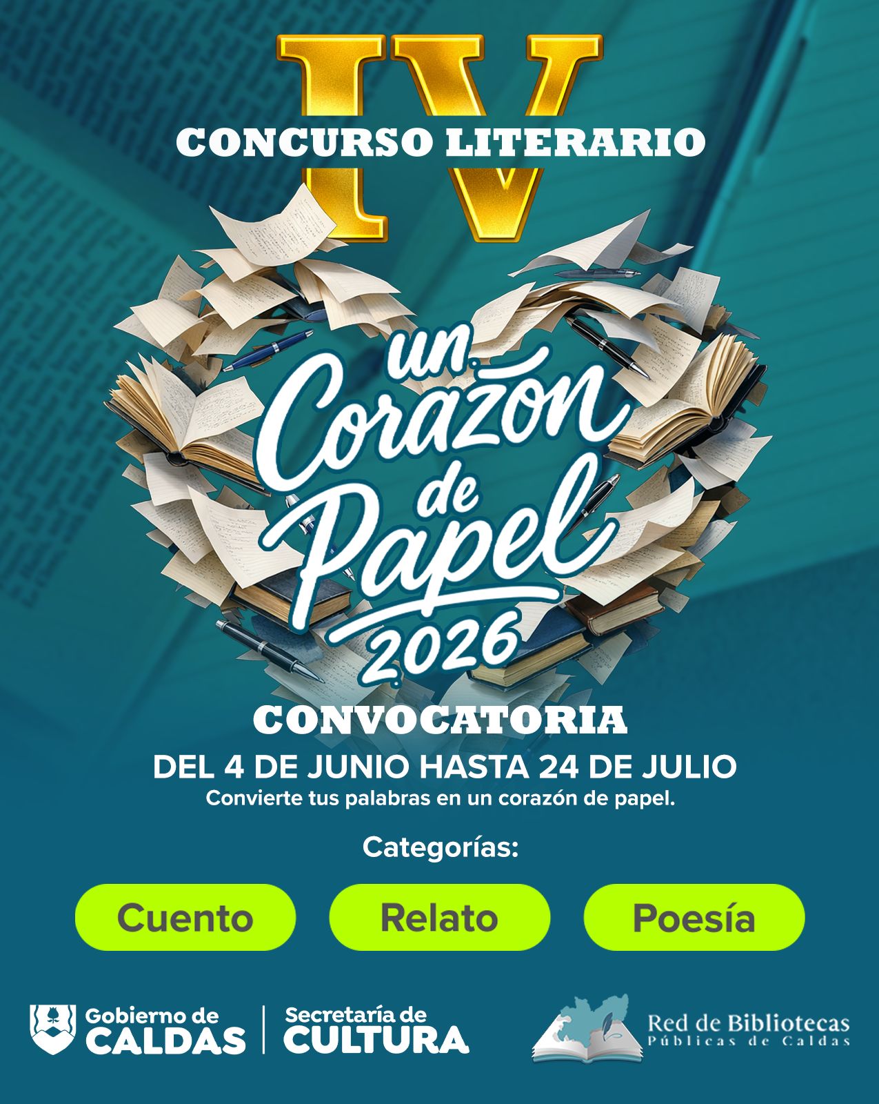 La Secretaria de Cultura de Caldas abre la convocatoria para el Concurso Literario Un corazon de papel 2026