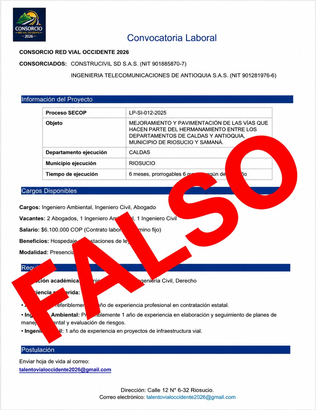 La Secretaria de Infraestructura de Caldas alerta sobre estafas relacionadas con ofertas de trabajo en obras regionales