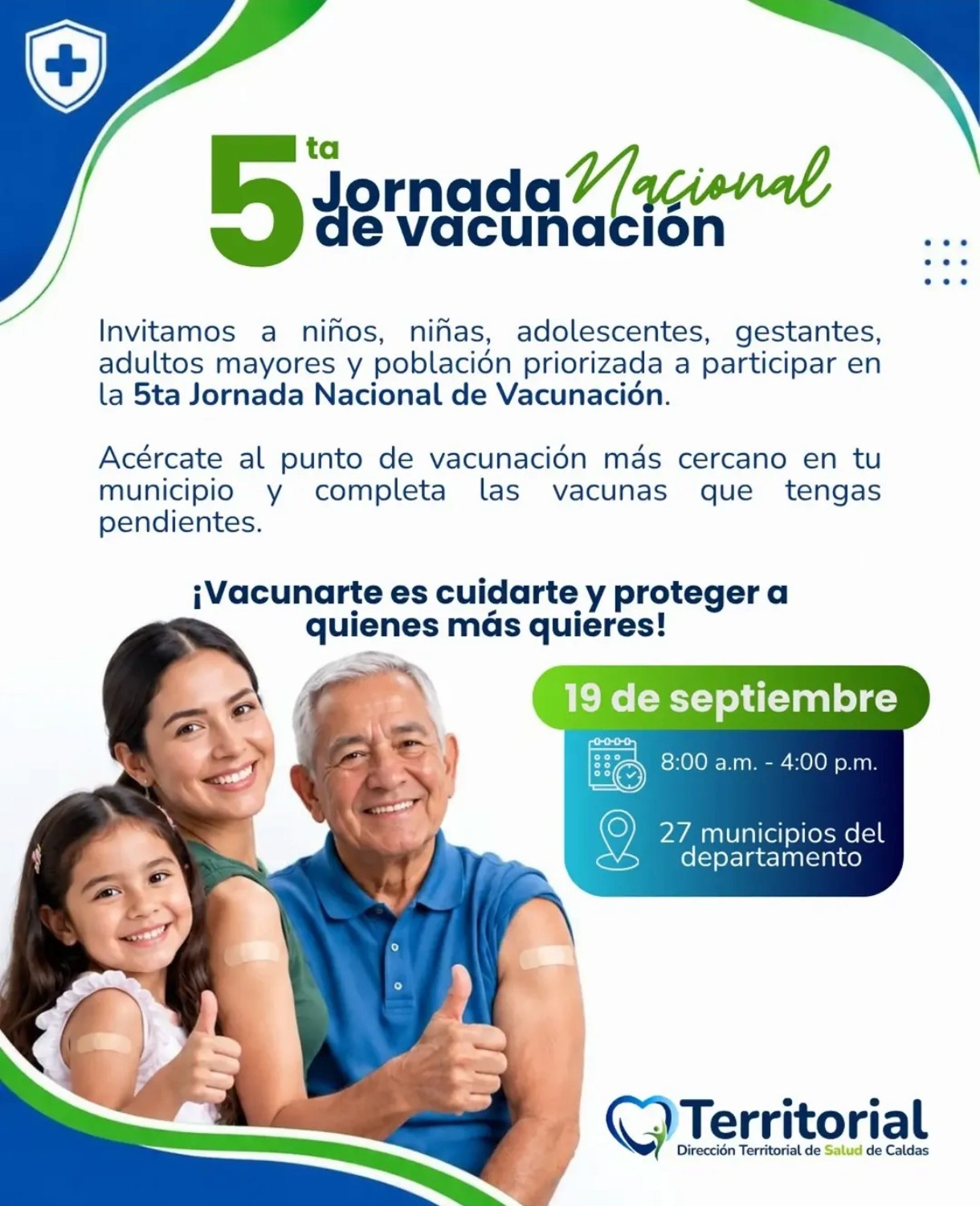 Territorial de Salud de Caldas invita a la poblacion a participar en la Gran Jornada Nacional de Vacunacion este 19 de septiembre